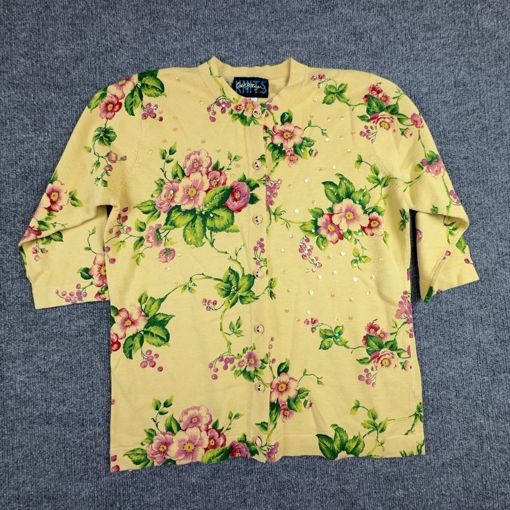 carol patterson knits Sweater Womens Medium Yellow Floral Sequin Button Front